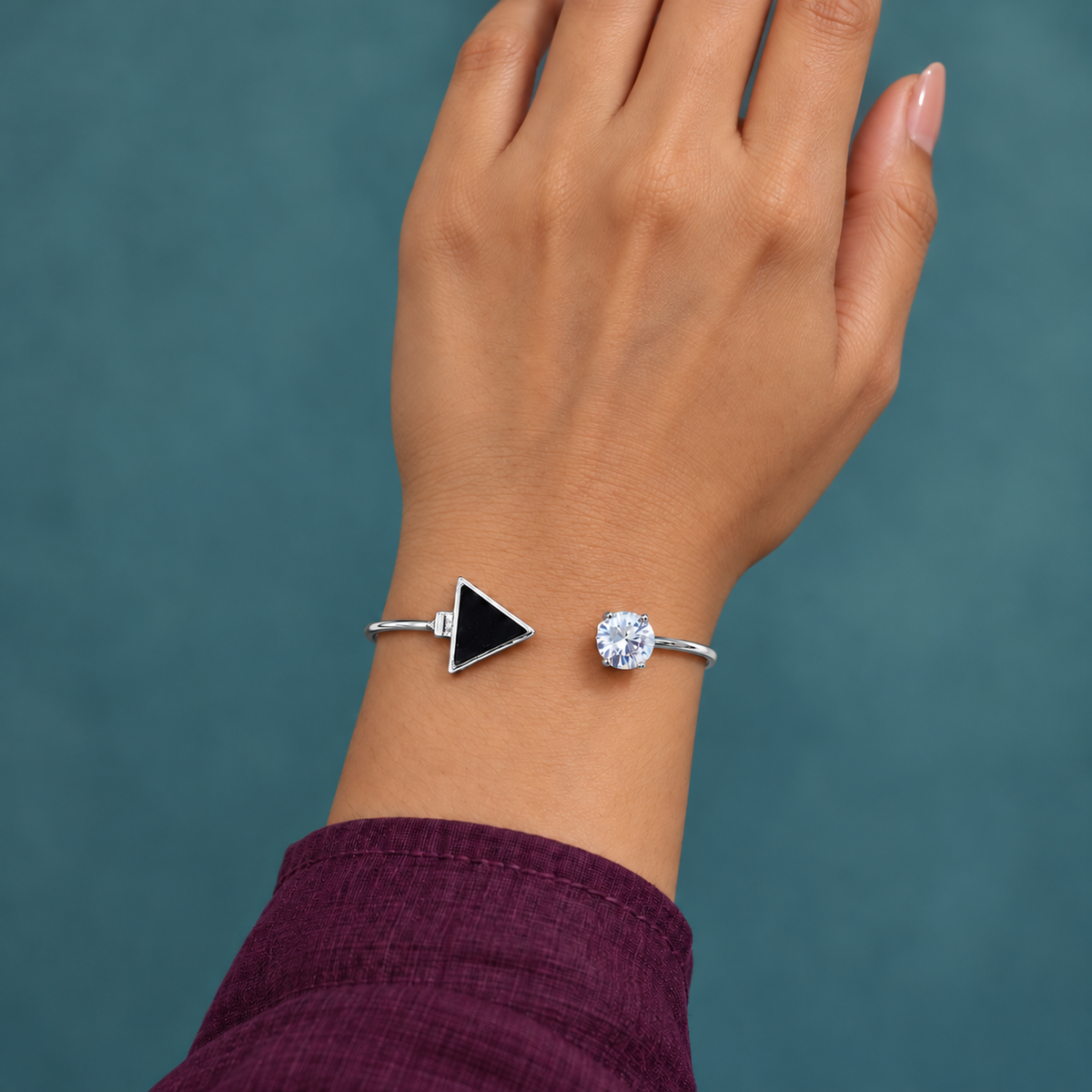 Tria Black Triangle Silver-Tone Cuff Bracelet | MyJhumki