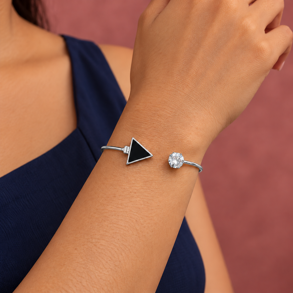 Tria Black Triangle Silver-Tone Cuff Bracelet | MyJhumki