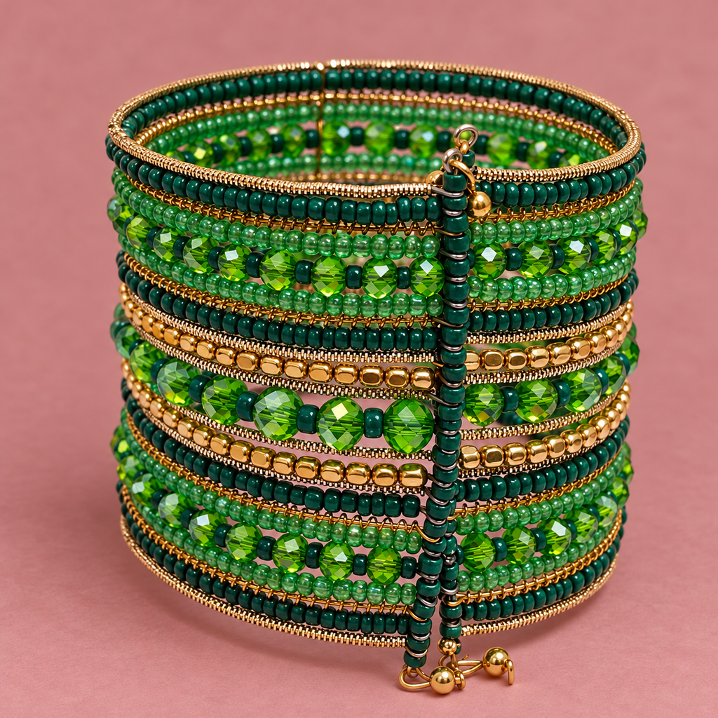 Vanya Green Beaded Bangle Cuff | MyJhumki
