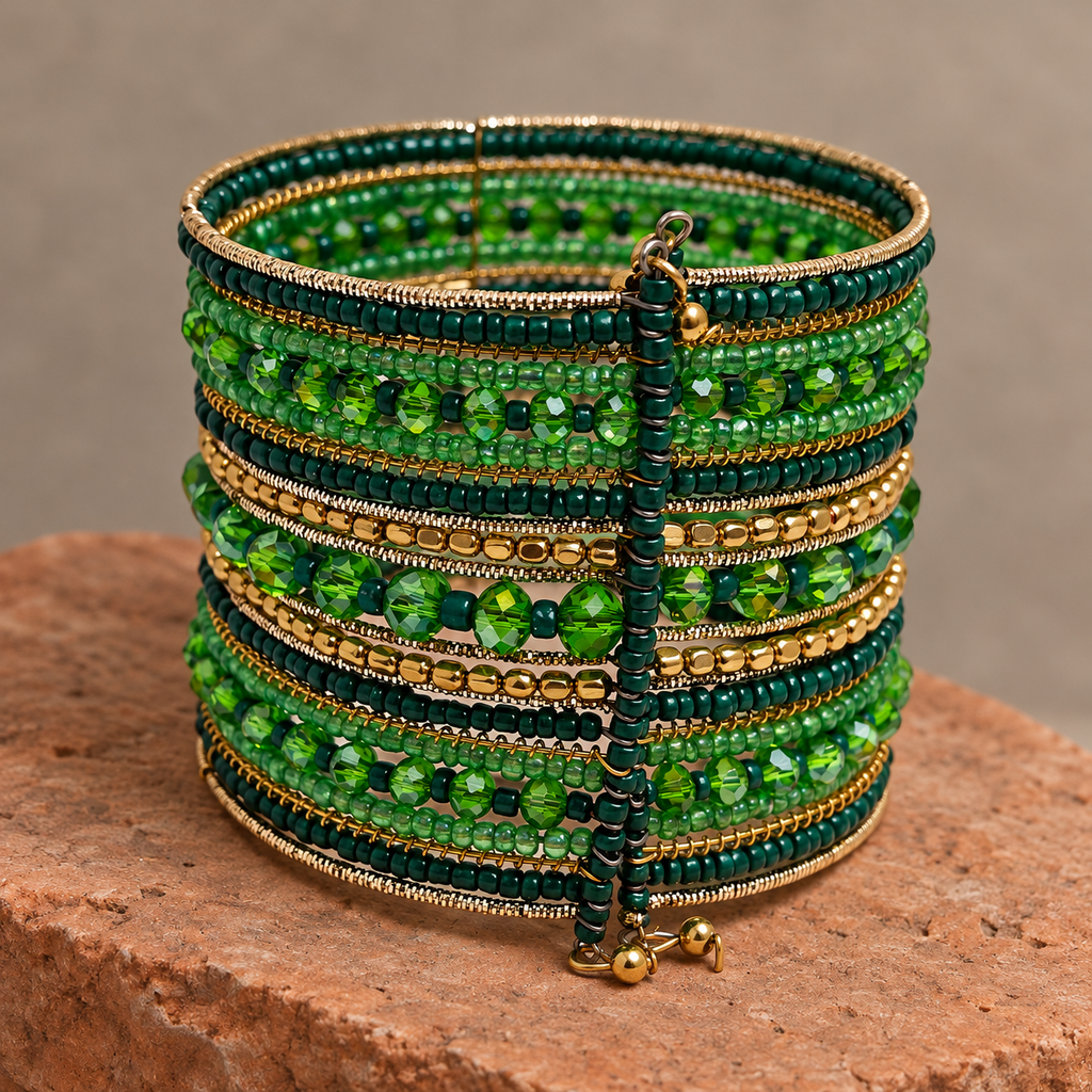 Vanya Green Beaded Bangle Cuff | MyJhumki