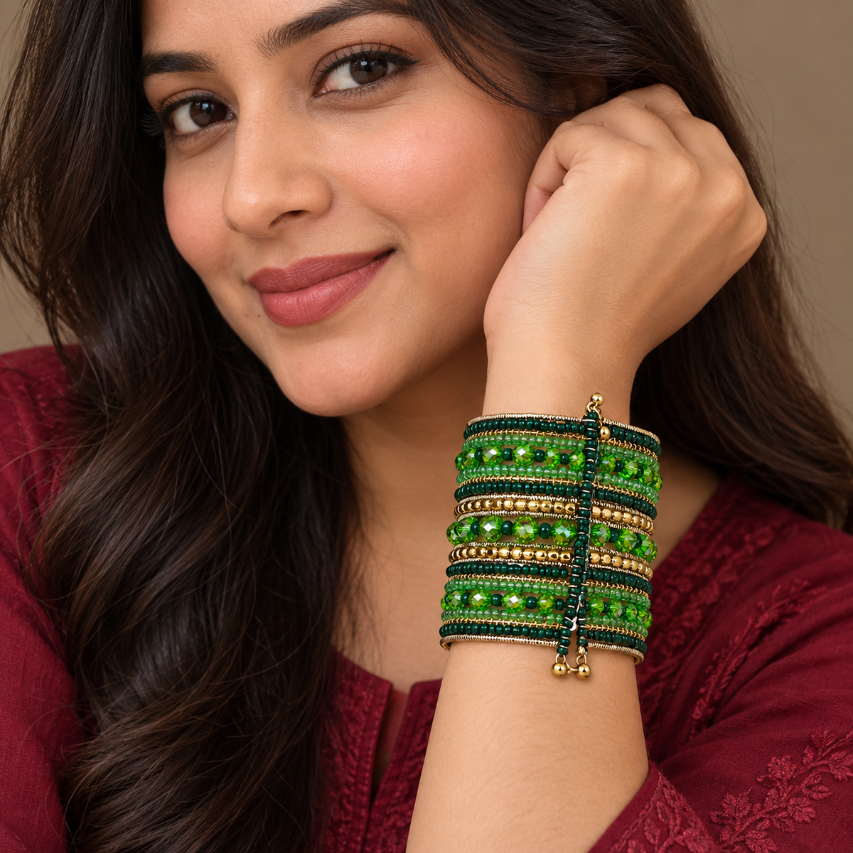 Vanya Green Beaded Bangle Cuff | MyJhumki