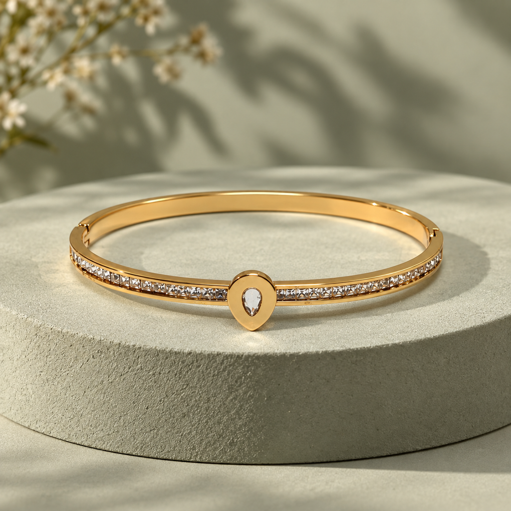 Aabha Teardrop Crystal Gold Bangle Bracelet | MyJhumki
