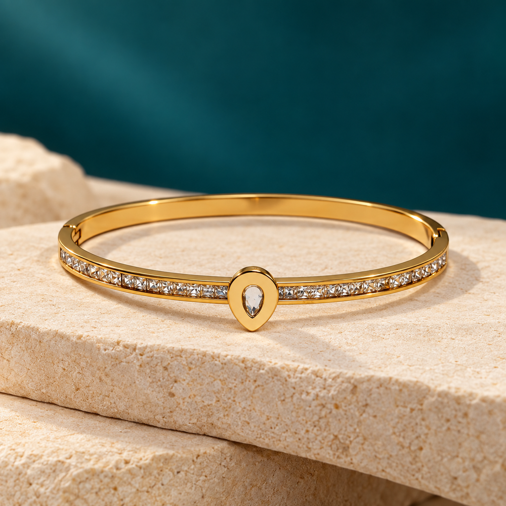 Aabha Teardrop Crystal Gold Bangle Bracelet | MyJhumki