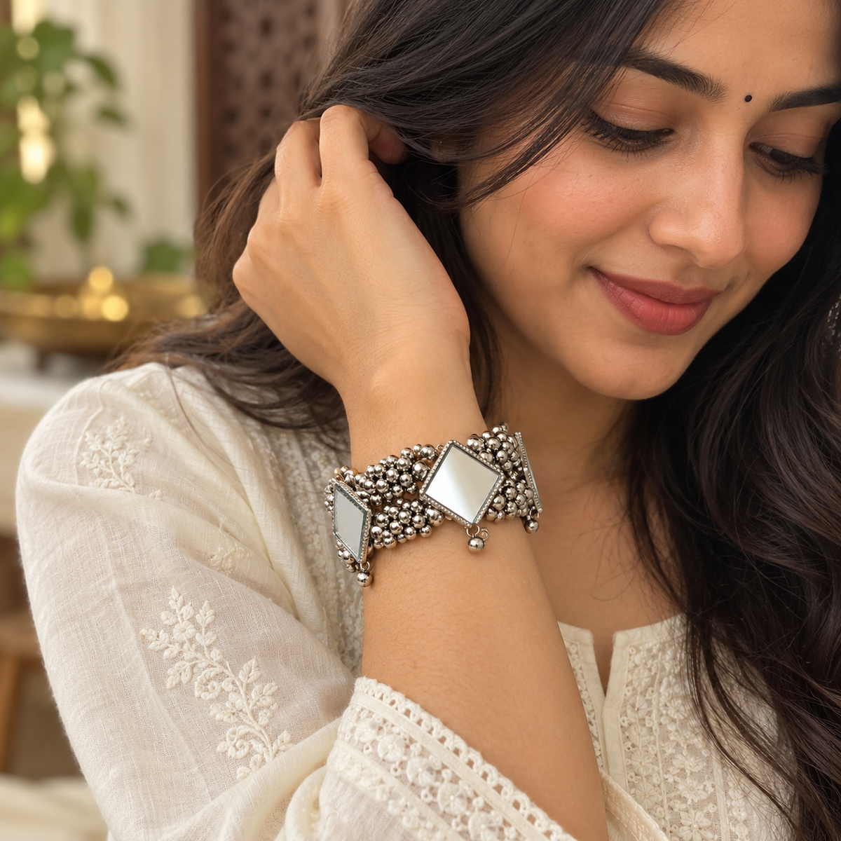 Aaina Oxidised Mirror Bead Bracelet | MyJhumki