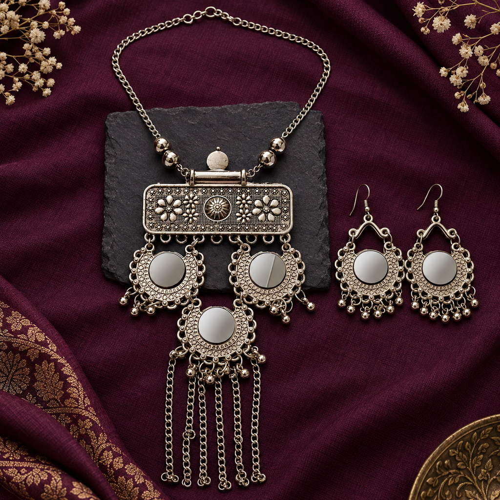 Aaina Rajsi Mirror Tassel Necklace Set | MyJhumki