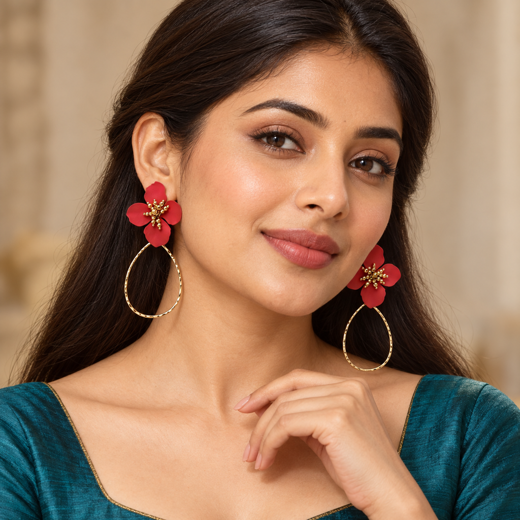 Aaradhya Coral Bloom Teardrop Earrings | MyJhumki