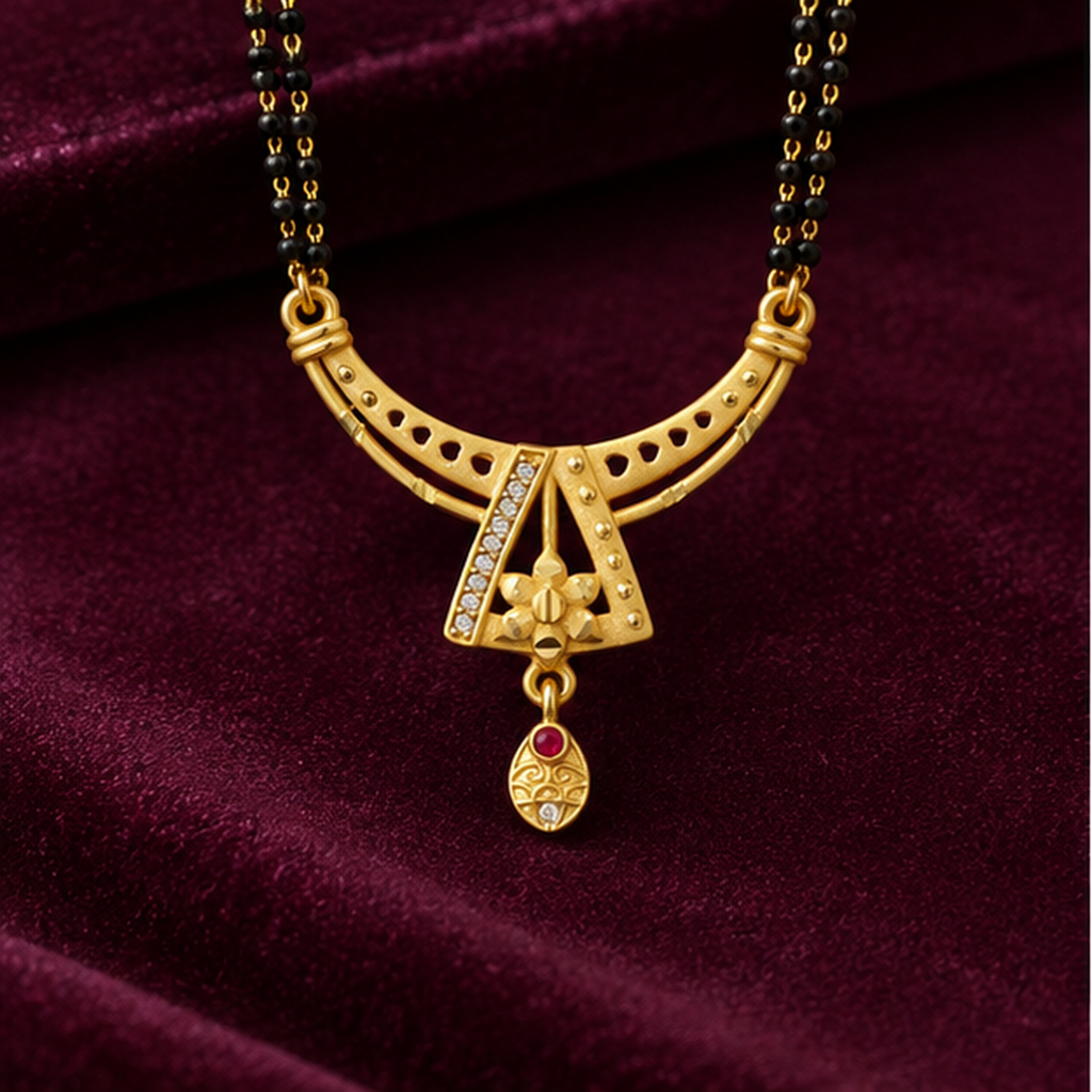 Aarika Crescent Bloom Mangalsutra on a wine velvet backdrop