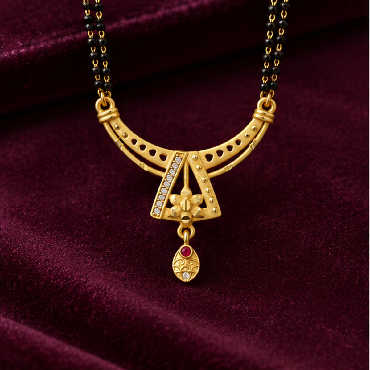 Aarika Crescent Bloom Mangalsutra on a wine velvet backdrop