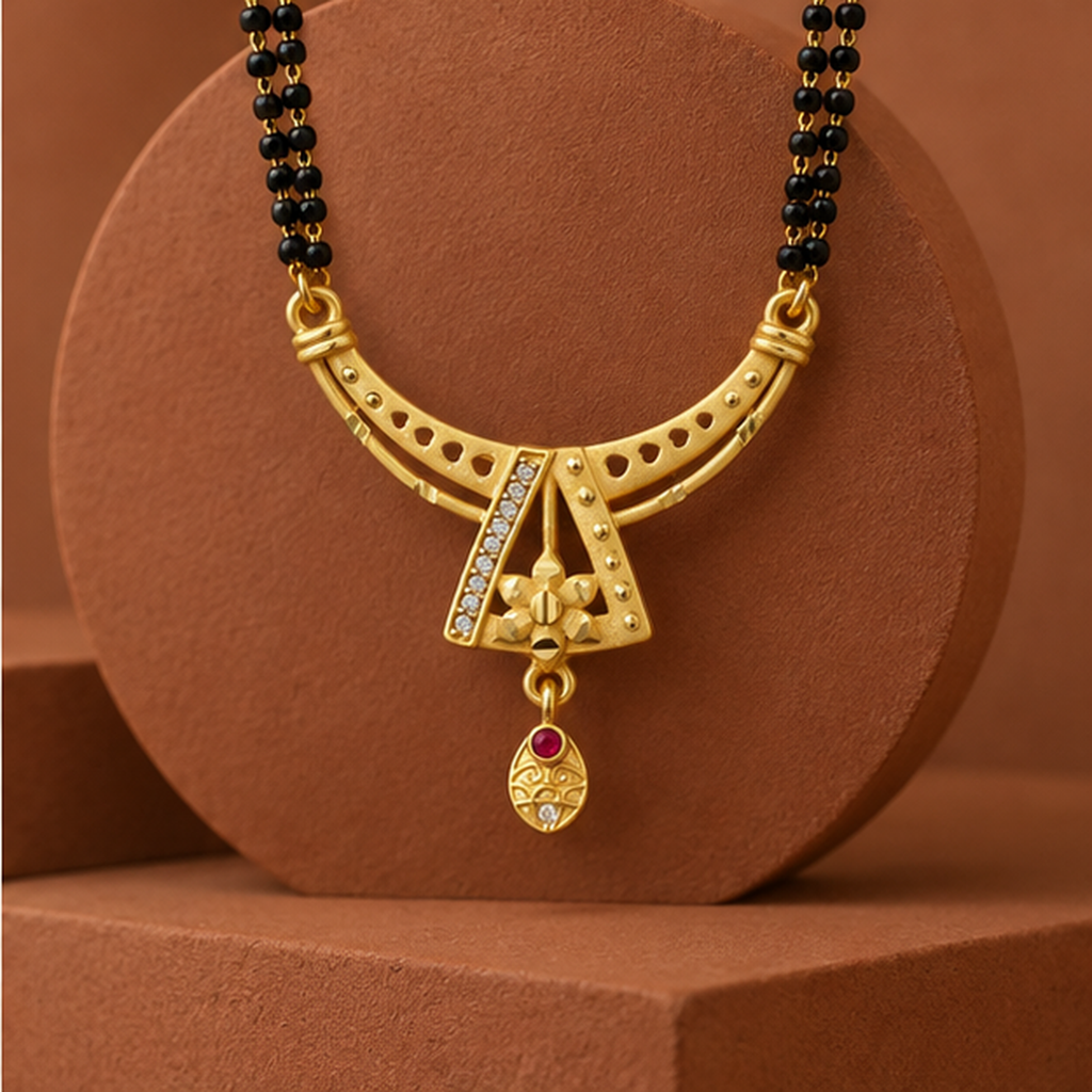Aarika Crescent Bloom Mangalsutra photographed in a cinnamon studio setting