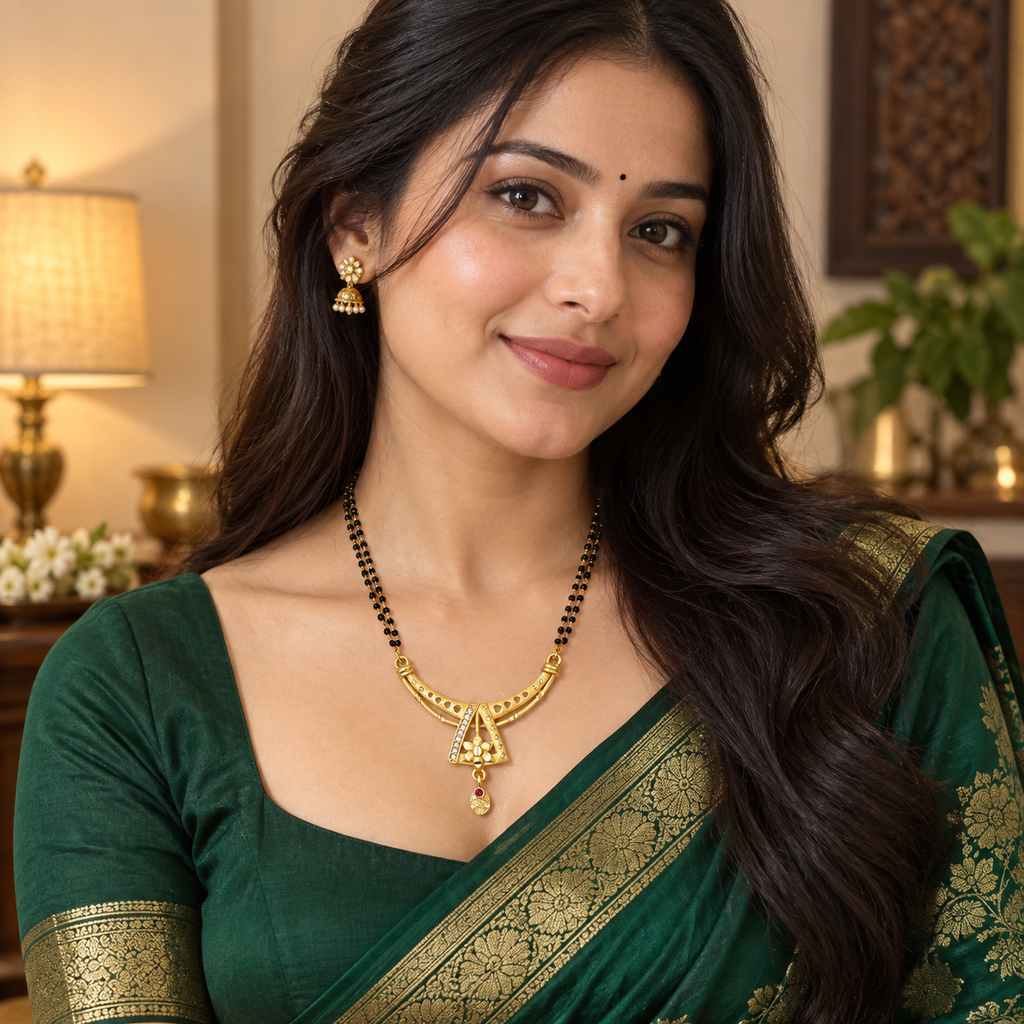 Model wearing the Aarika Crescent Bloom Mangalsutra with an emerald outfit