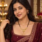 Model wearing the Aarika Crescent Bloom Mangalsutra with a wine outfit