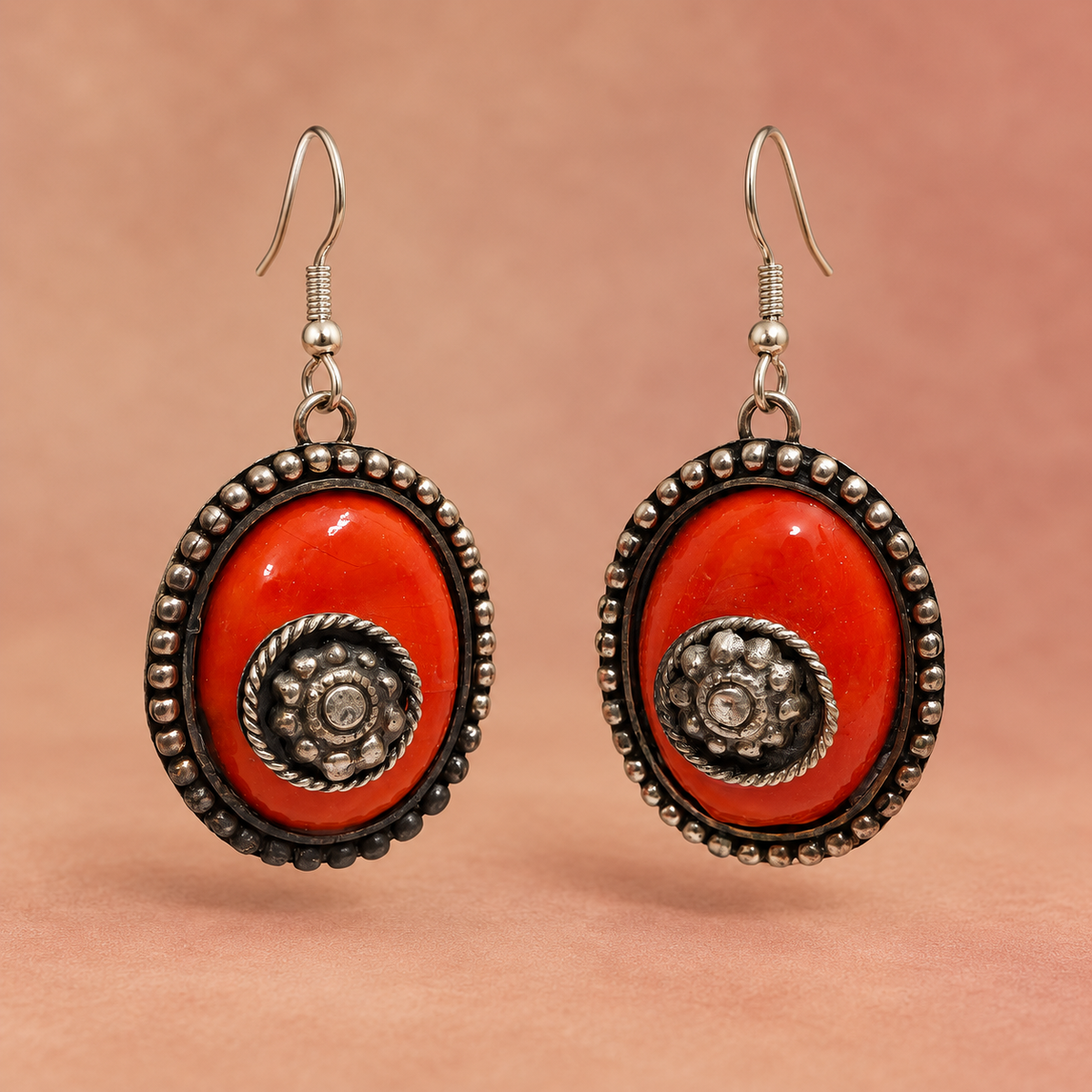 Aarika Orange Oxidised Silver Oval Earrings | MyJhumki