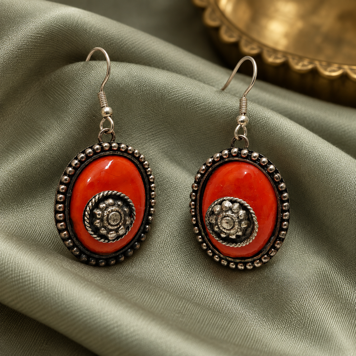 Aarika Orange Oxidised Silver Oval Earrings | MyJhumki
