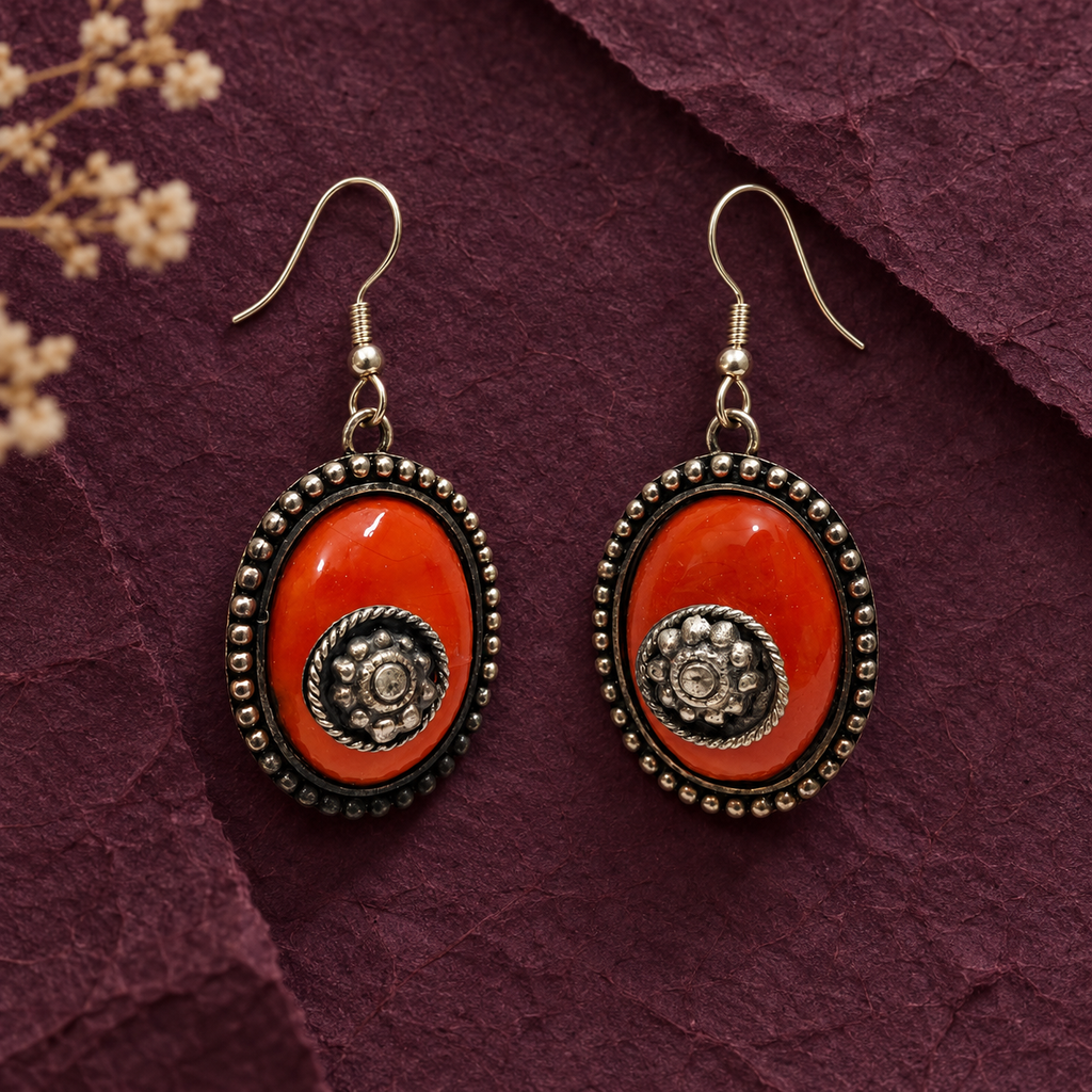 Aarika Orange Oxidised Silver Oval Earrings | MyJhumki