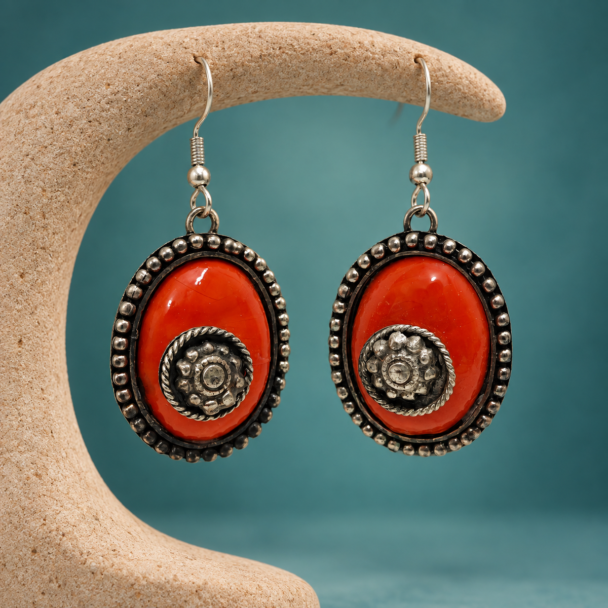 Aarika Orange Oxidised Silver Oval Earrings | MyJhumki