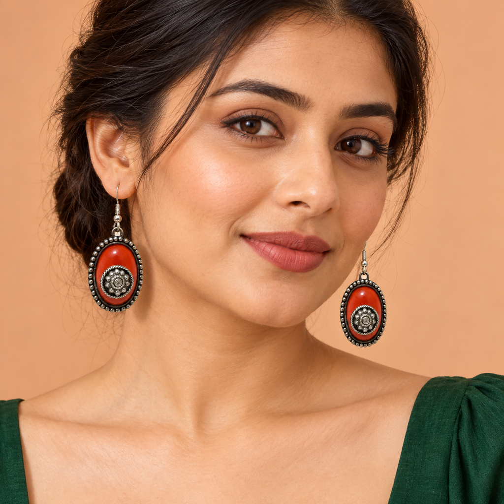 Aarika Orange Oxidised Silver Oval Earrings | MyJhumki