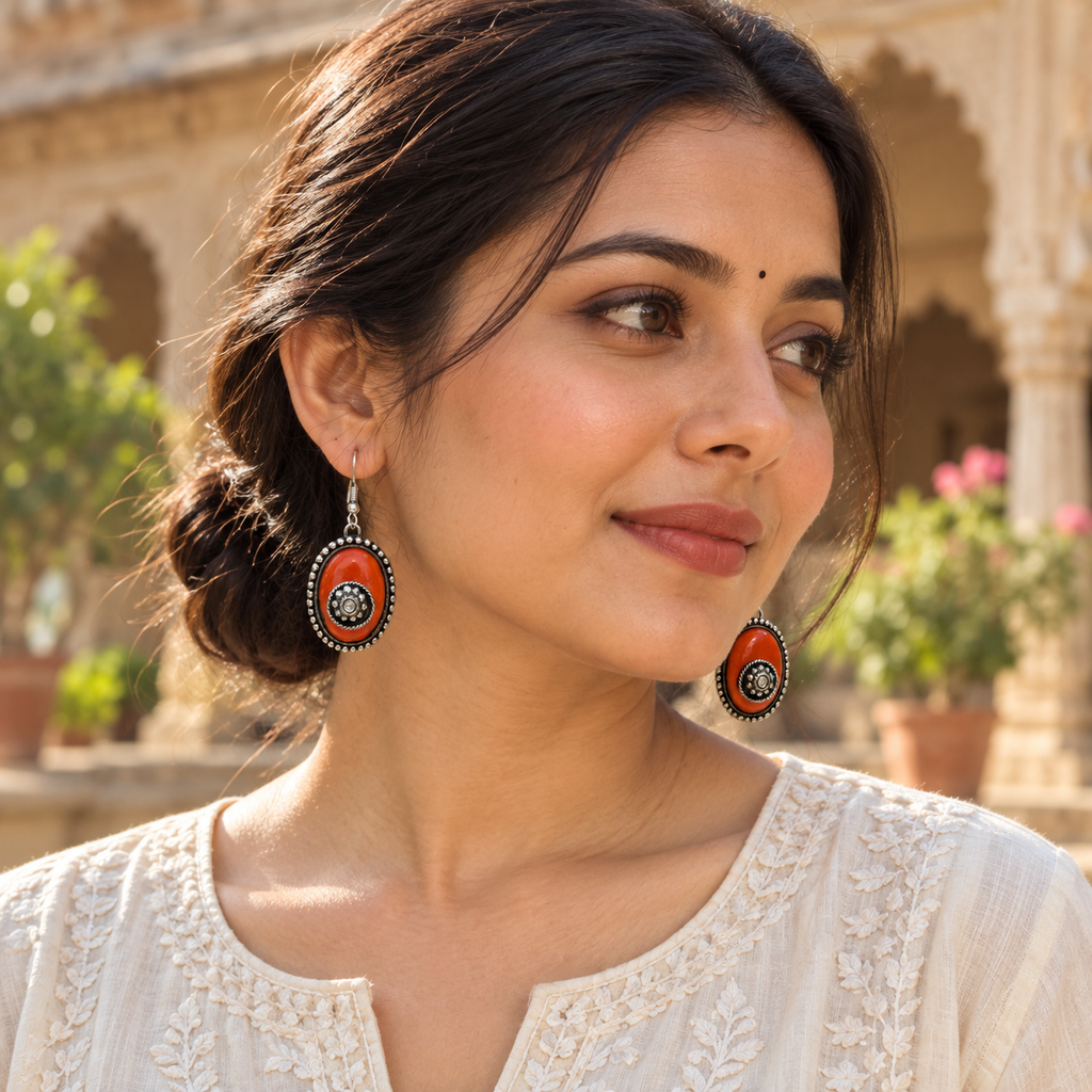 Aarika Orange Oxidised Silver Oval Earrings | MyJhumki