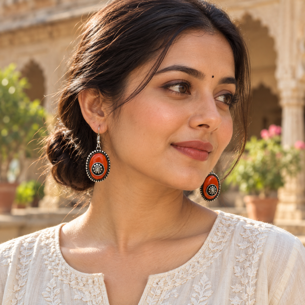 Aarika Orange Oxidised Silver Oval Earrings | MyJhumki