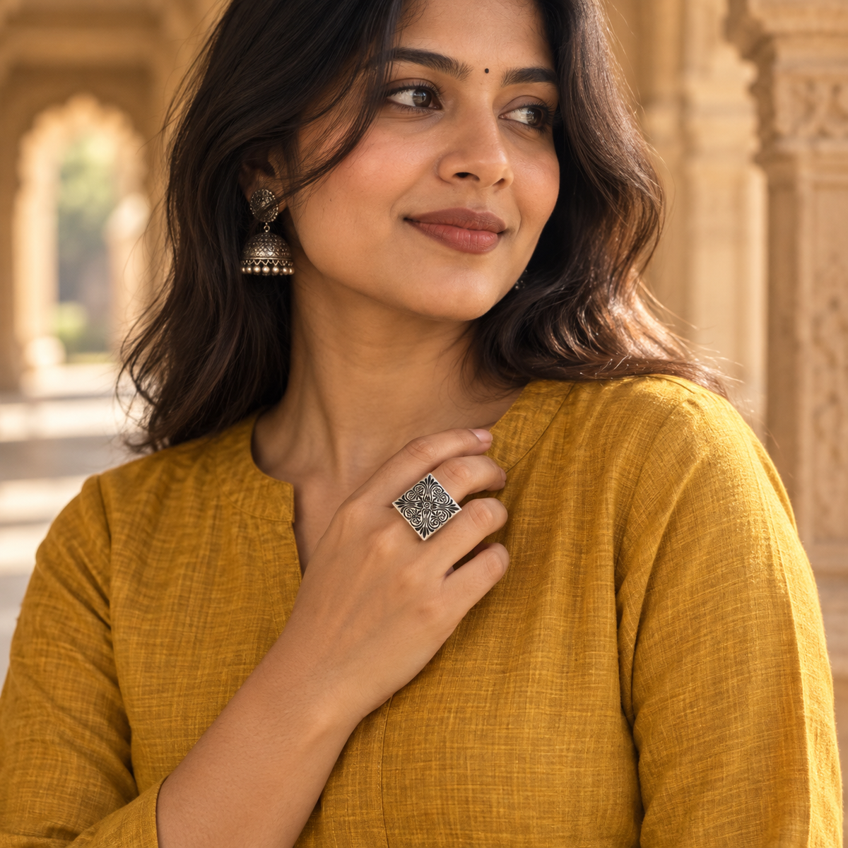 Aarika Heritage Square Oxidised Ring | MyJhumki