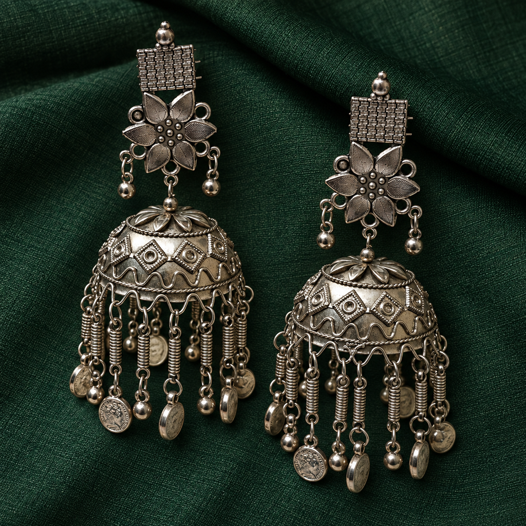 Aarohi Coin Tassel Oxidised Jhumka | MyJhumki