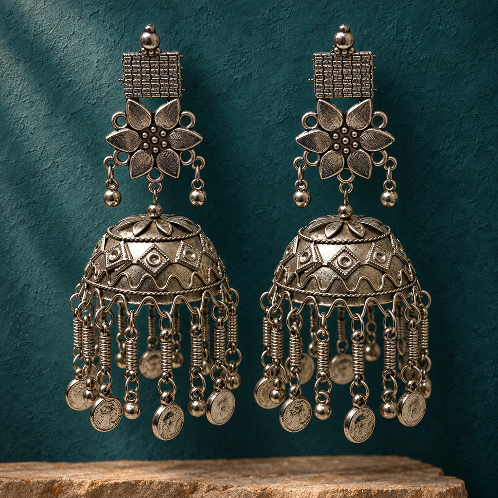 Aarohi Coin Tassel Oxidised Jhumka | MyJhumki