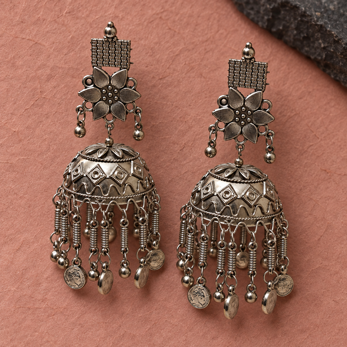 Aarohi Coin Tassel Oxidised Jhumka | MyJhumki