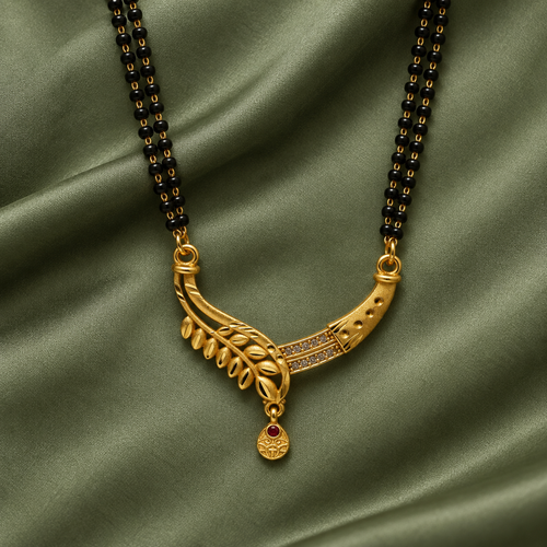 Aarohi Leaf Arc Mangalsutra on a sage silk backdrop