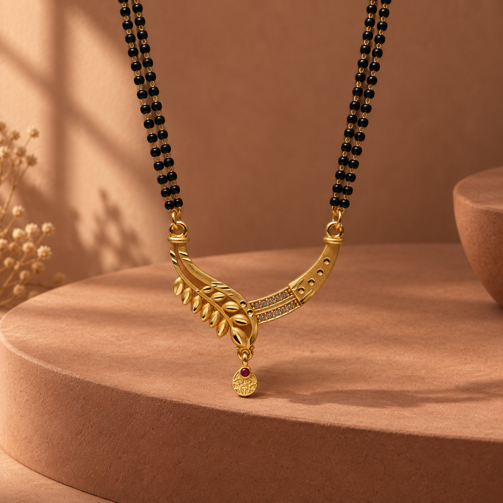 Aarohi Leaf Arc Mangalsutra photographed in a terracotta studio setting
