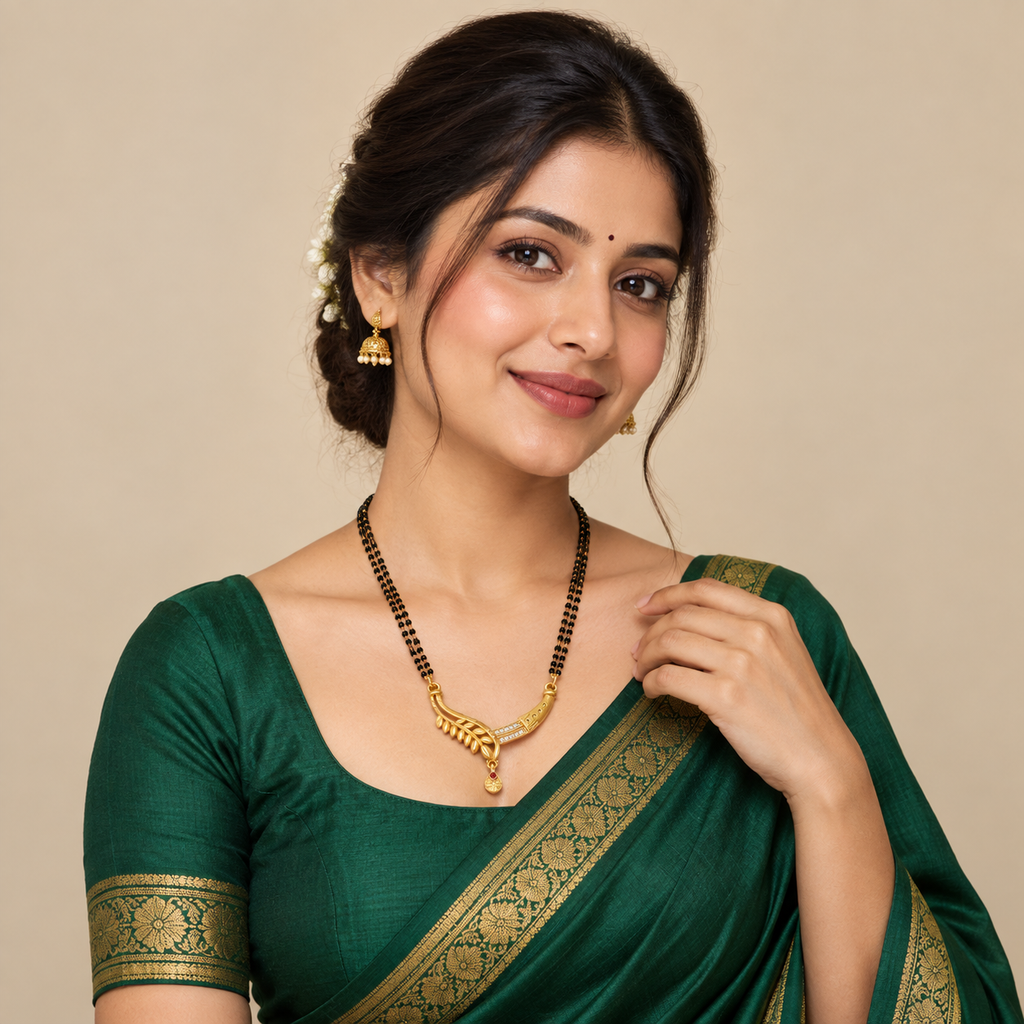 Model wearing the Aarohi Leaf Arc Mangalsutra with an emerald outfit
