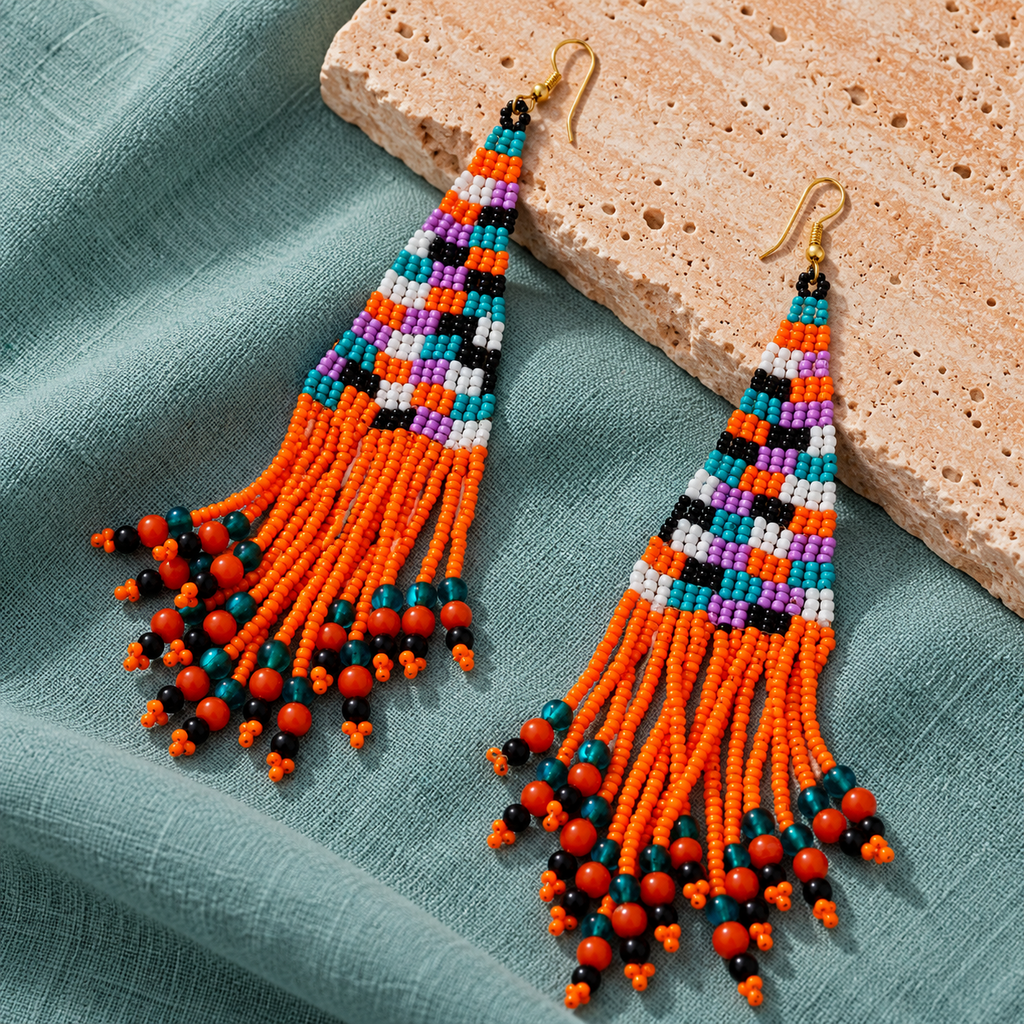 Aarohi Orange Beaded Tassel Earrings | MyJhumki