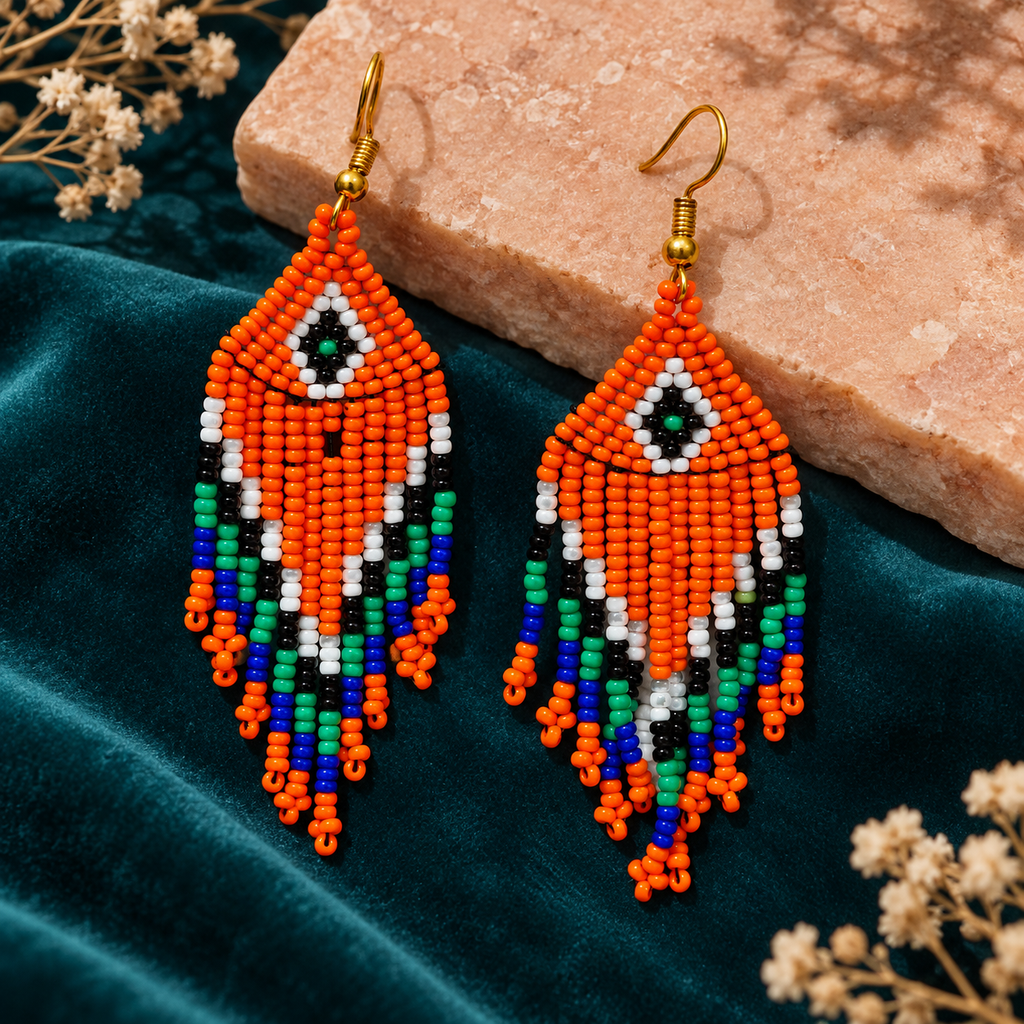 Aarohi Orange Multicolour Beaded Fringe Earrings | MyJhumki