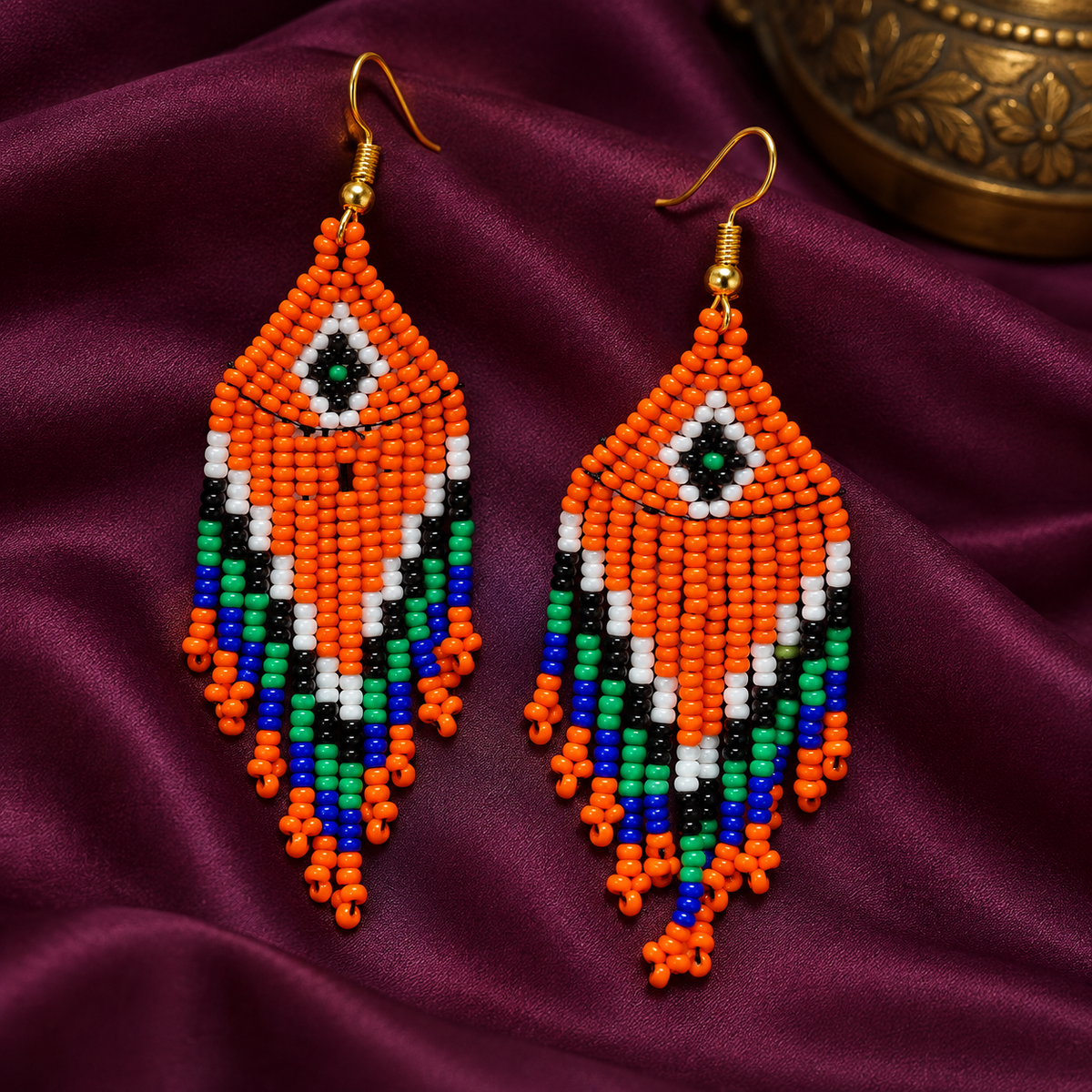 Aarohi Orange Multicolour Beaded Fringe Earrings | MyJhumki
