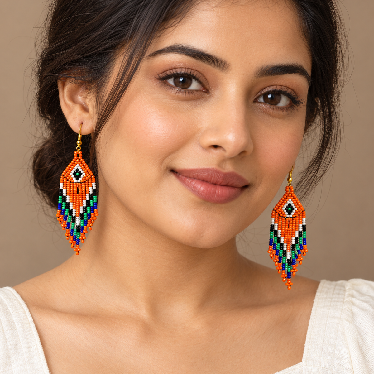 Aarohi Orange Multicolour Beaded Fringe Earrings | MyJhumki