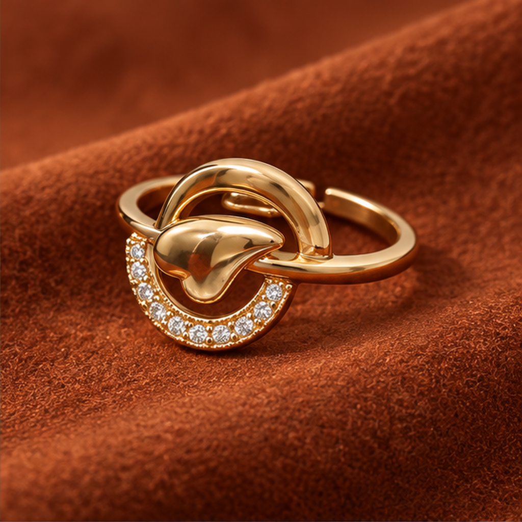 Aarohi Sculpted Orbit Sparkle Gold-Tone Ring on a terracotta suede backdrop
