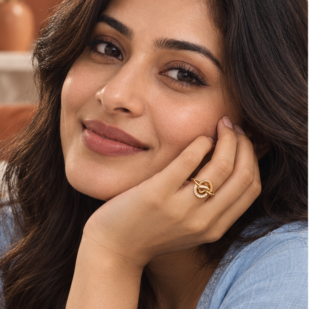 Aarohi Sculpted Orbit Sparkle Gold-Tone Ring worn by a model