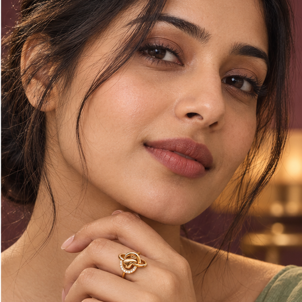 Model wearing the Aarohi Sculpted Orbit Sparkle Gold-Tone Ring — close-up