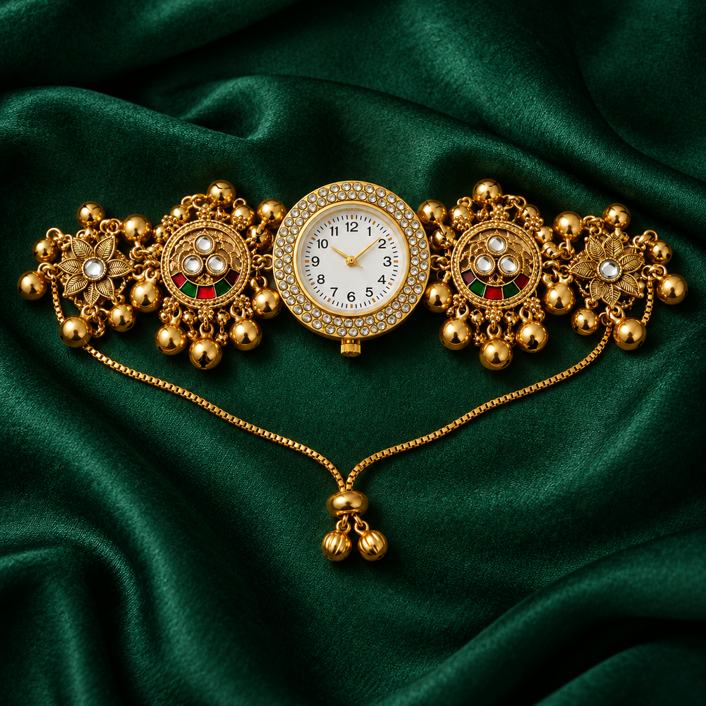 Aarzoo Kundan Crystal Halo Kashmiri Jewellery Watch on an emerald silk backdrop