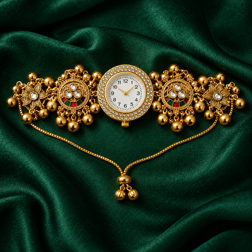 Aarzoo Kundan Crystal Halo Kashmiri Jewellery Watch on an emerald silk backdrop