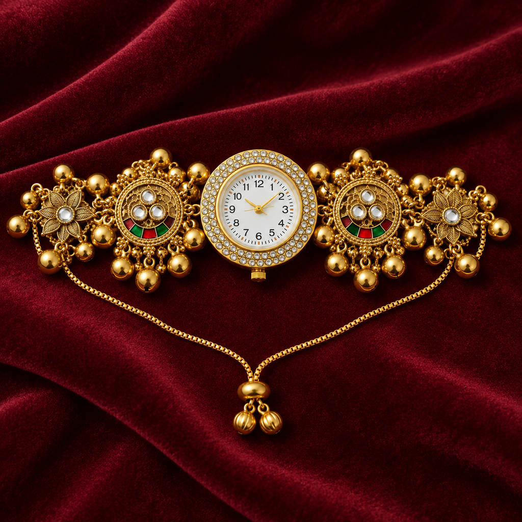Aarzoo Kundan Crystal Halo Kashmiri Jewellery Watch on a wine velvet backdrop