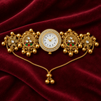 Aarzoo Kundan Crystal Halo Kashmiri Jewellery Watch on a wine velvet backdrop