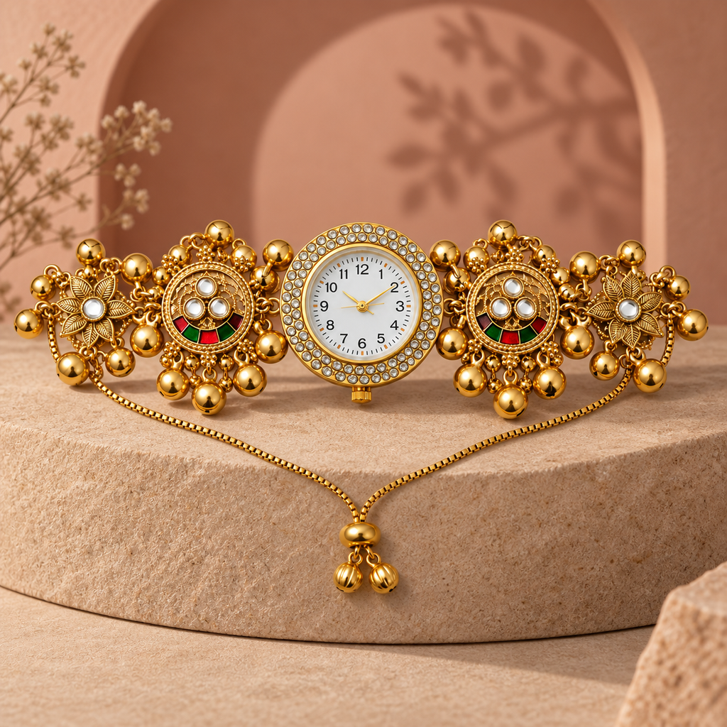 Aarzoo Kundan Crystal Halo Kashmiri Jewellery Watch photographed in a terracotta studio setting