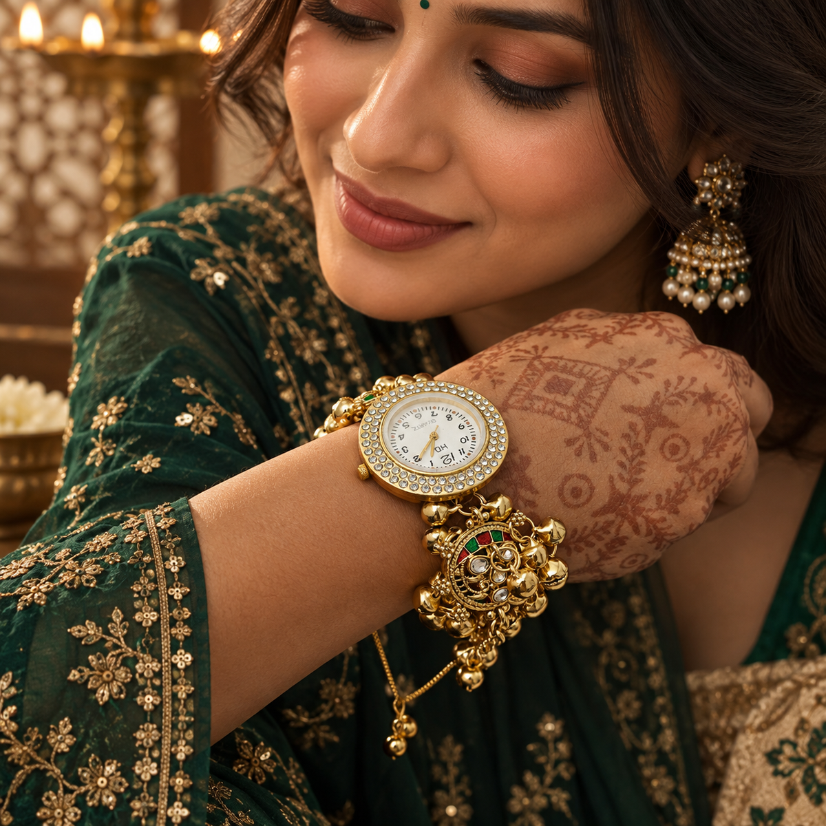 Model wearing the Aarzoo Kundan Crystal Halo Kashmiri Jewellery Watch with an emerald outfit