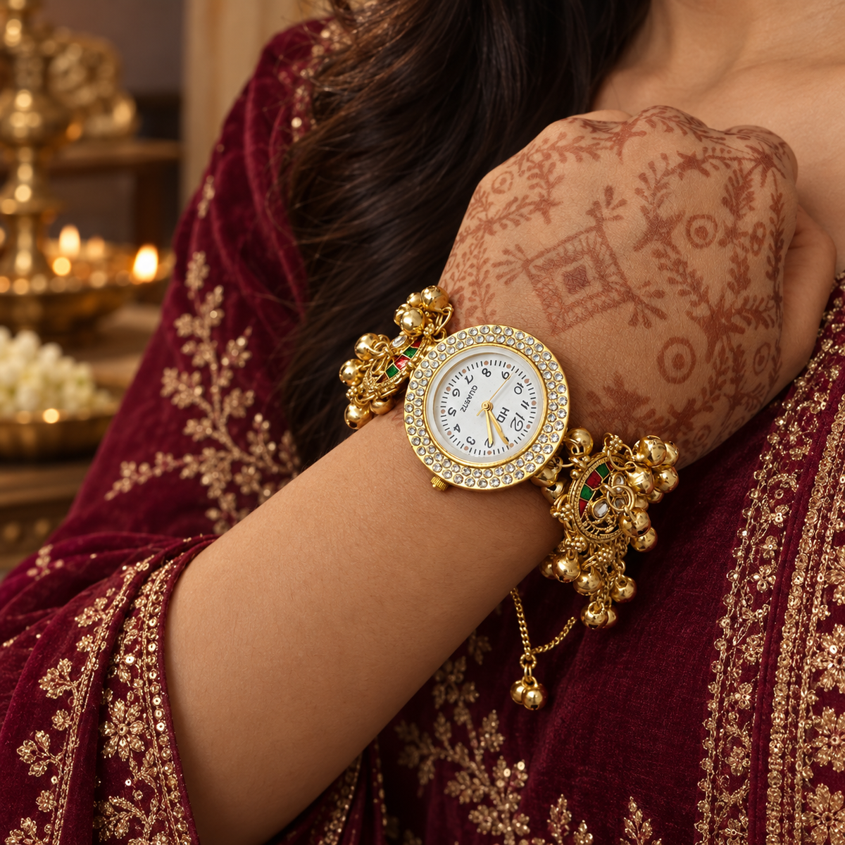 Model wearing the Aarzoo Kundan Crystal Halo Kashmiri Jewellery Watch with a wine outfit