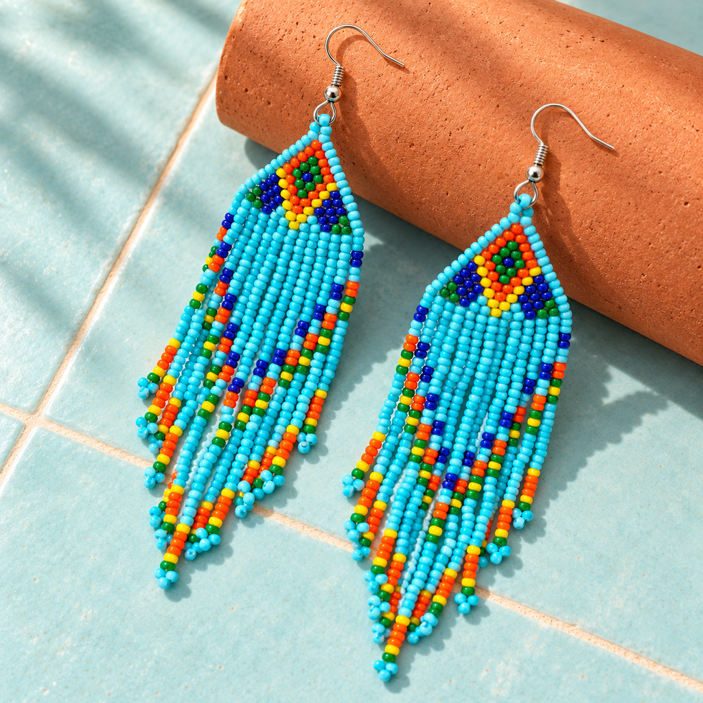 Aasma Sky Blue Beaded Fringe Earrings | MyJhumki