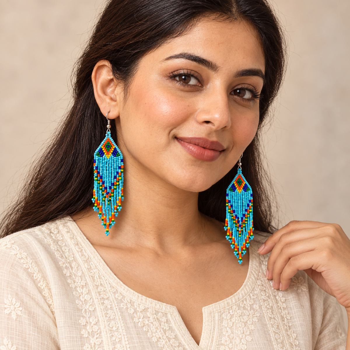 Aasma Sky Blue Beaded Fringe Earrings | MyJhumki