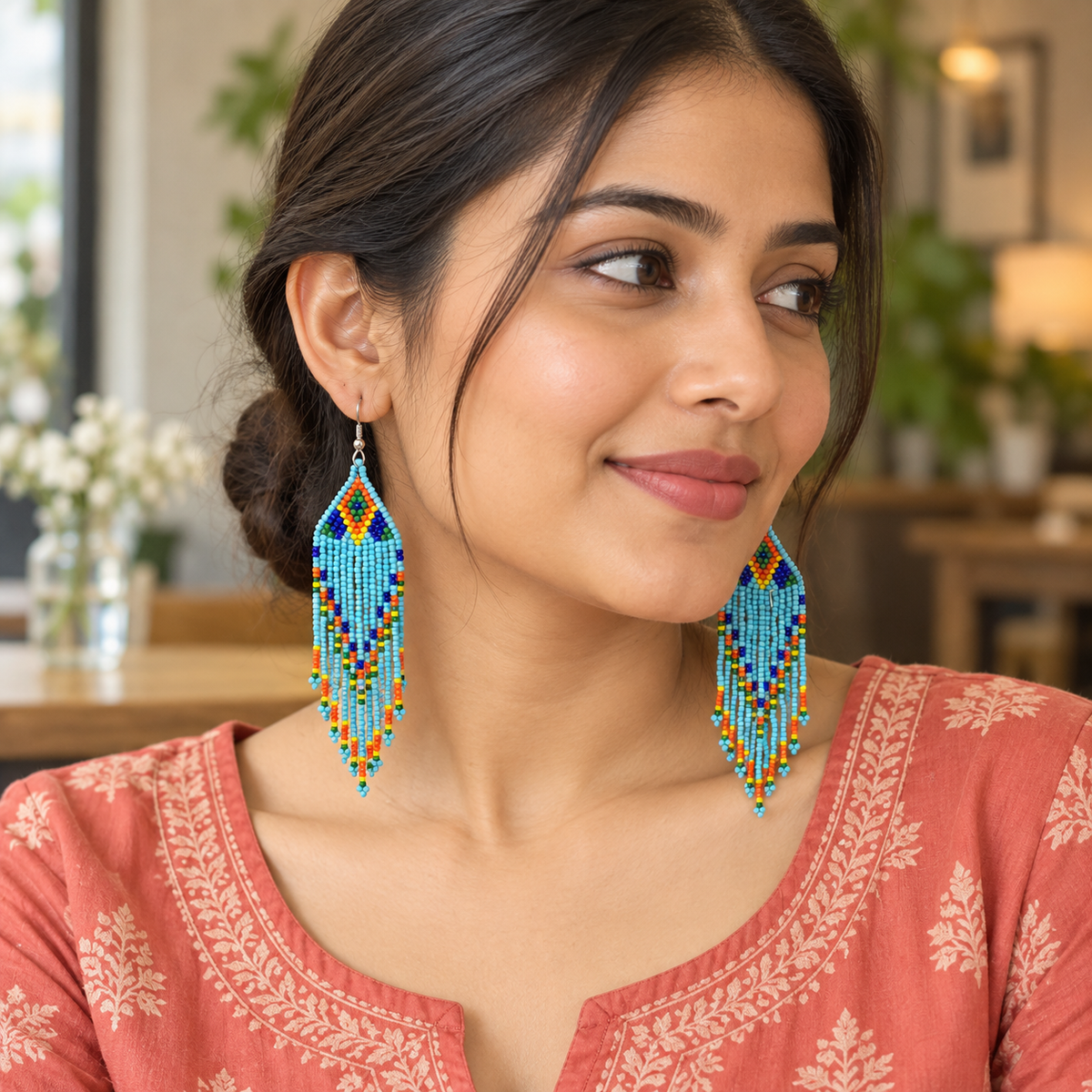 Aasma Sky Blue Beaded Fringe Earrings | MyJhumki