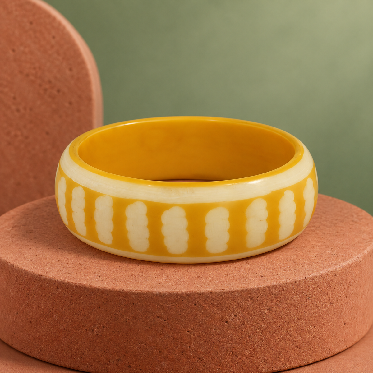 Ahaana Ivory Dash Mustard Acrylic Bangle | MyJhumki