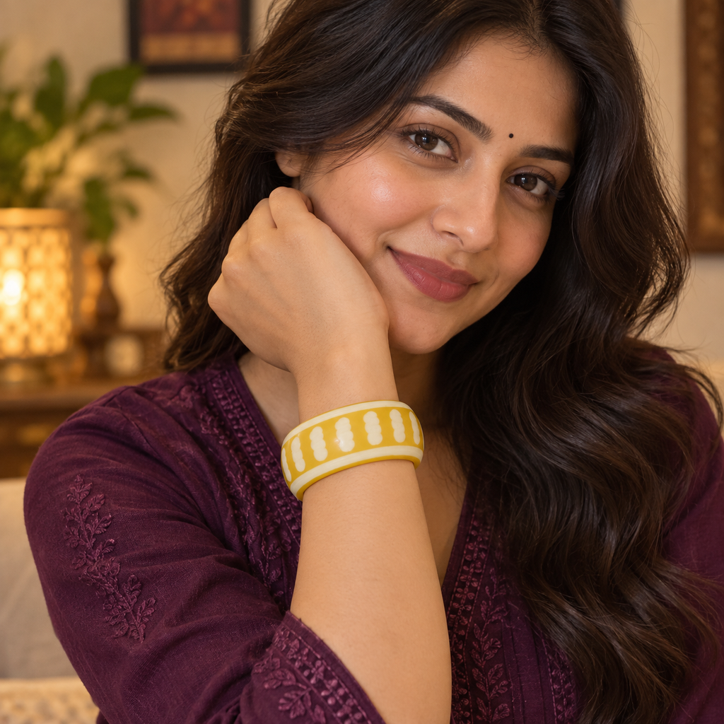 Ahaana Ivory Dash Mustard Acrylic Bangle | MyJhumki