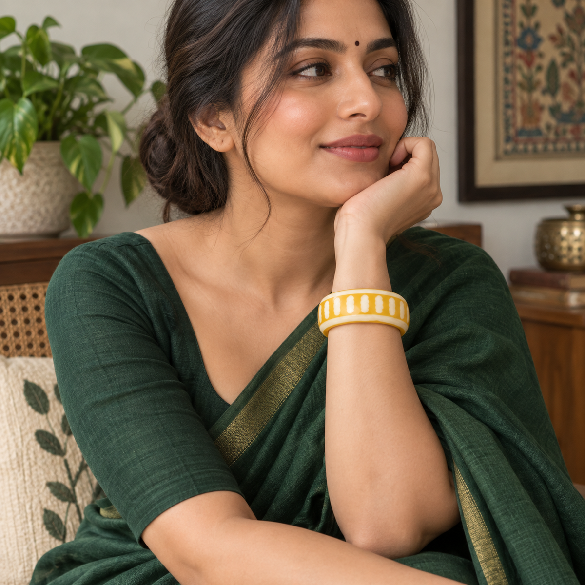 Ahaana Ivory Dash Mustard Acrylic Bangle | MyJhumki