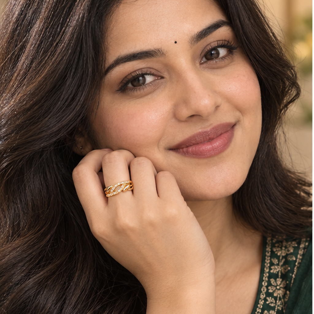 Ananta Leaf Infinity Sparkle Gold-Tone Ring worn by a model